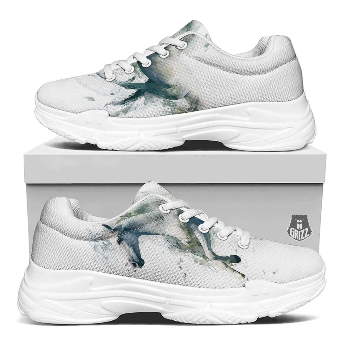 Portrait White Horse Print White Chunky Shoes-grizzshop