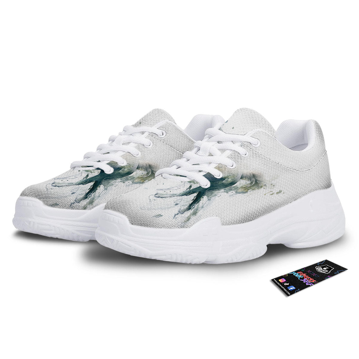 Portrait White Horse Print White Chunky Shoes-grizzshop