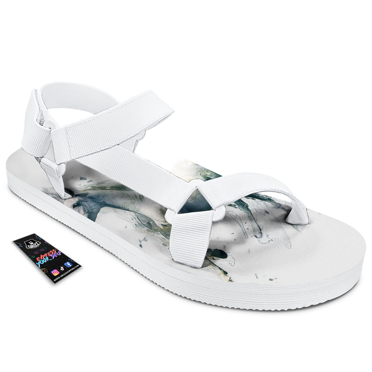Portrait White Horse Print White Open Toe Sandals-grizzshop