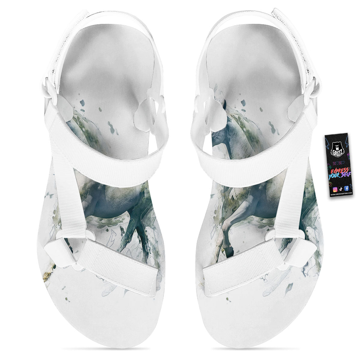 Portrait White Horse Print White Open Toe Sandals-grizzshop