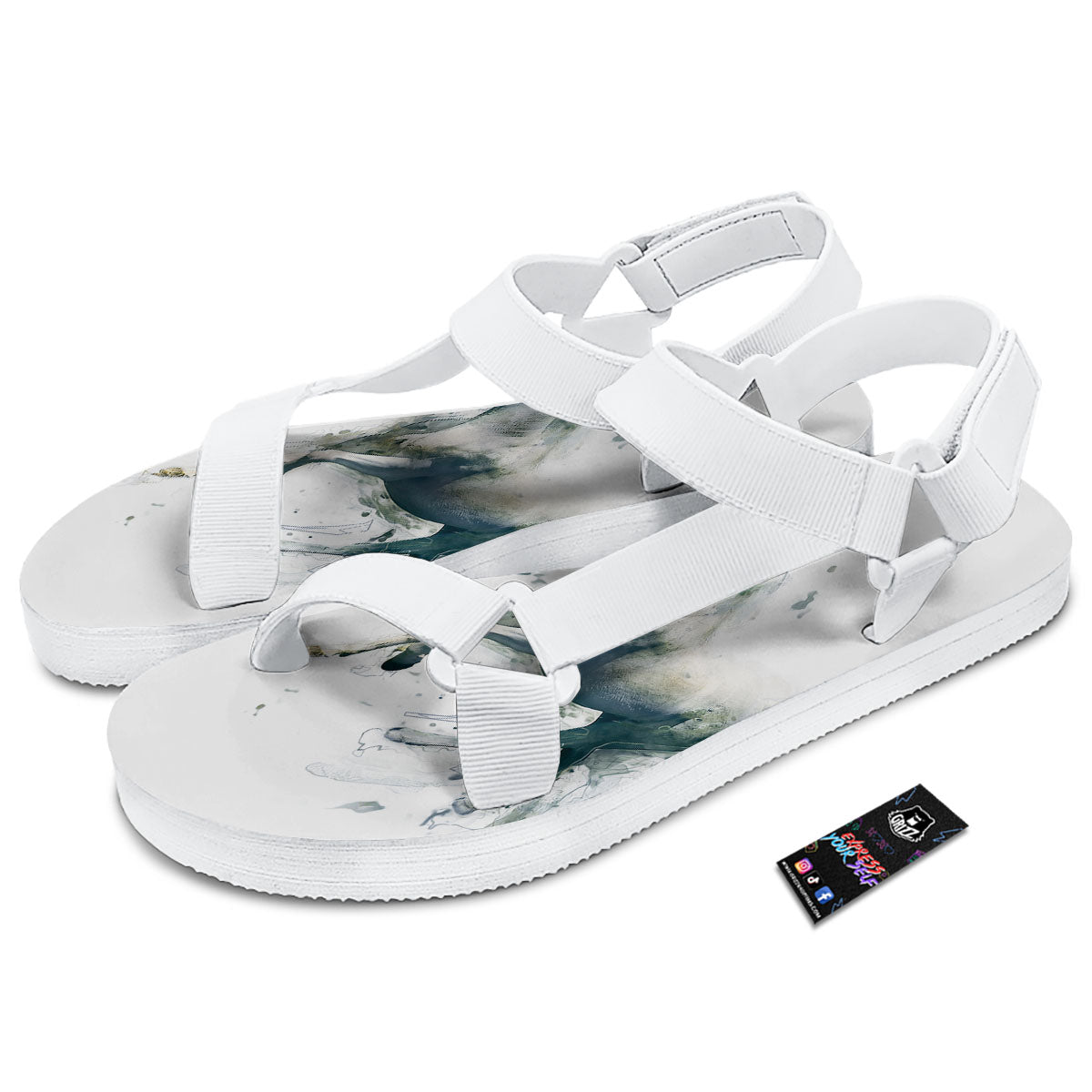 Portrait White Horse Print White Open Toe Sandals-grizzshop