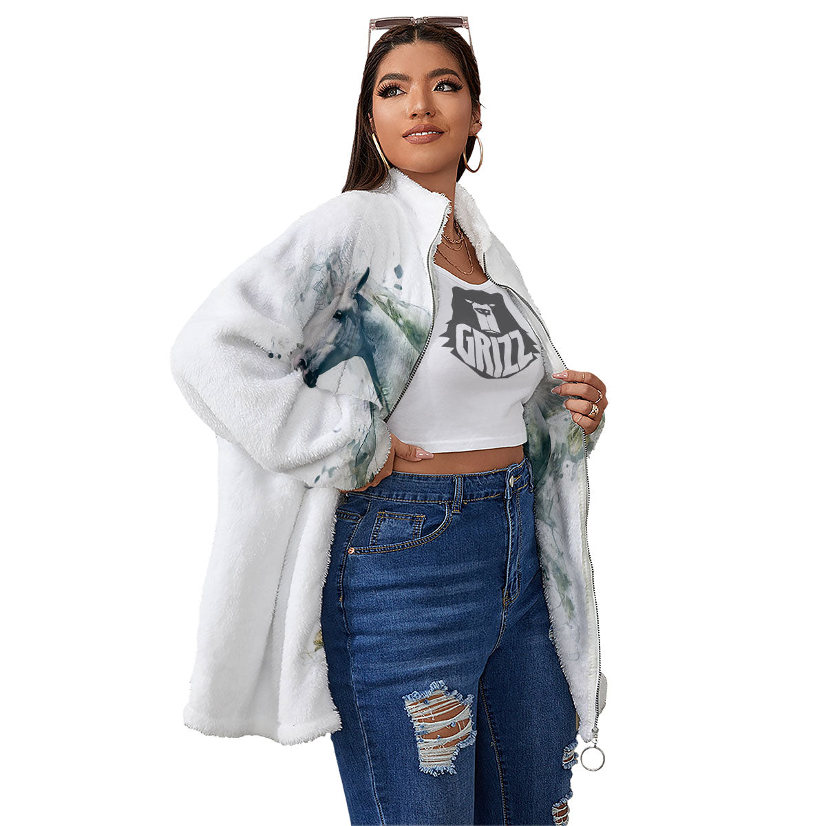 Portrait White Horse Print Women's Sherpa Jacket-grizzshop