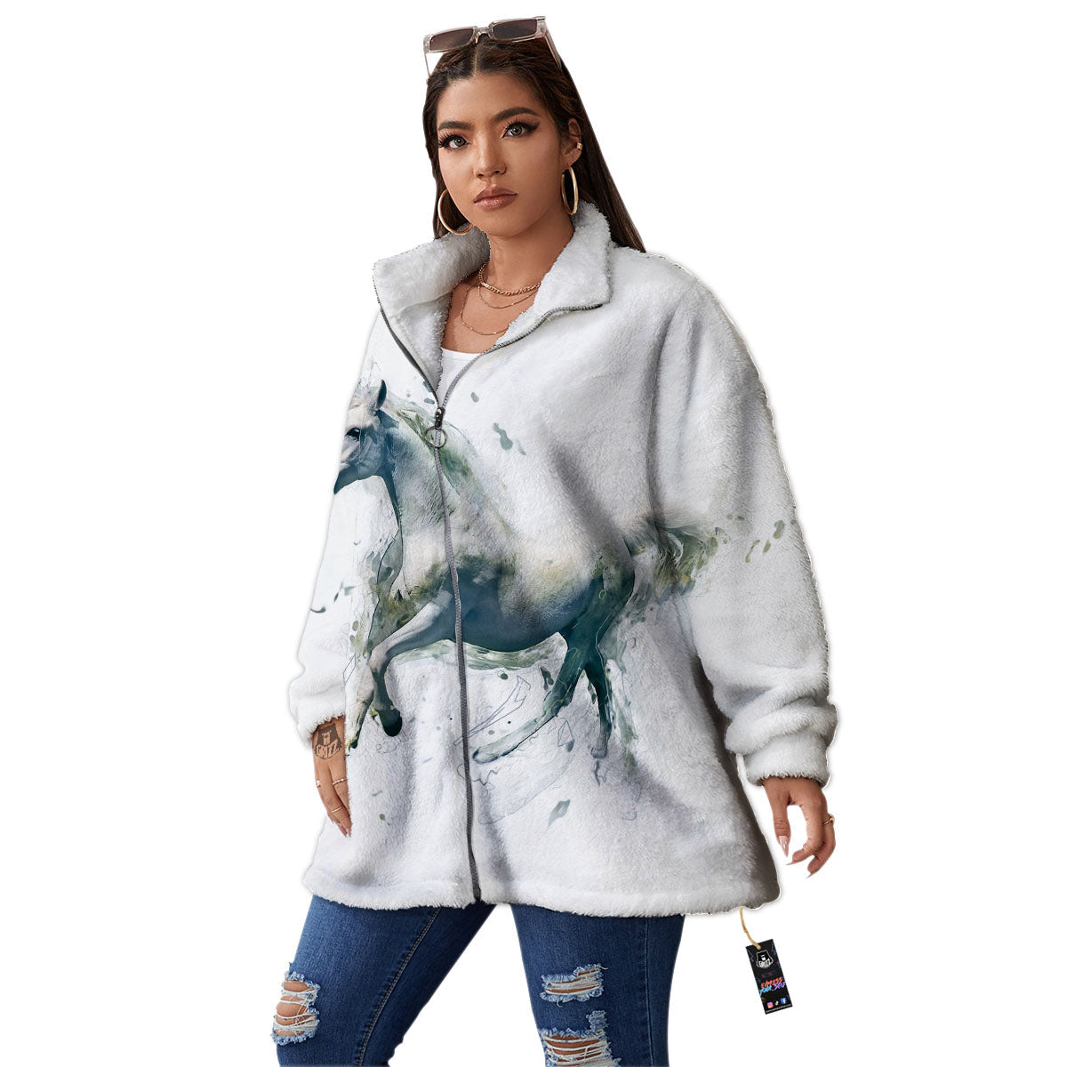 Portrait White Horse Print Women's Sherpa Jacket-grizzshop