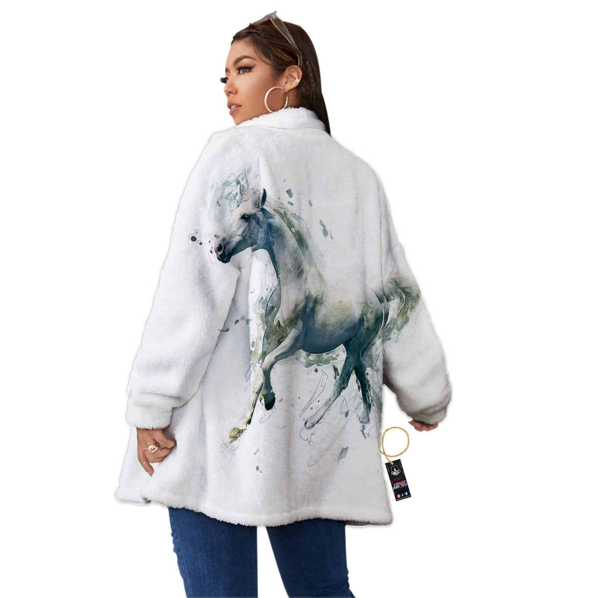 Portrait White Horse Print Women's Sherpa Jacket-grizzshop