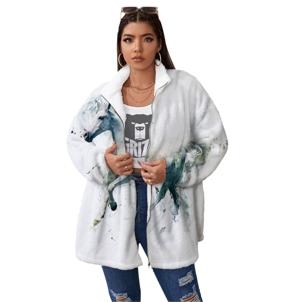 Portrait White Horse Print Women's Sherpa Jacket-grizzshop