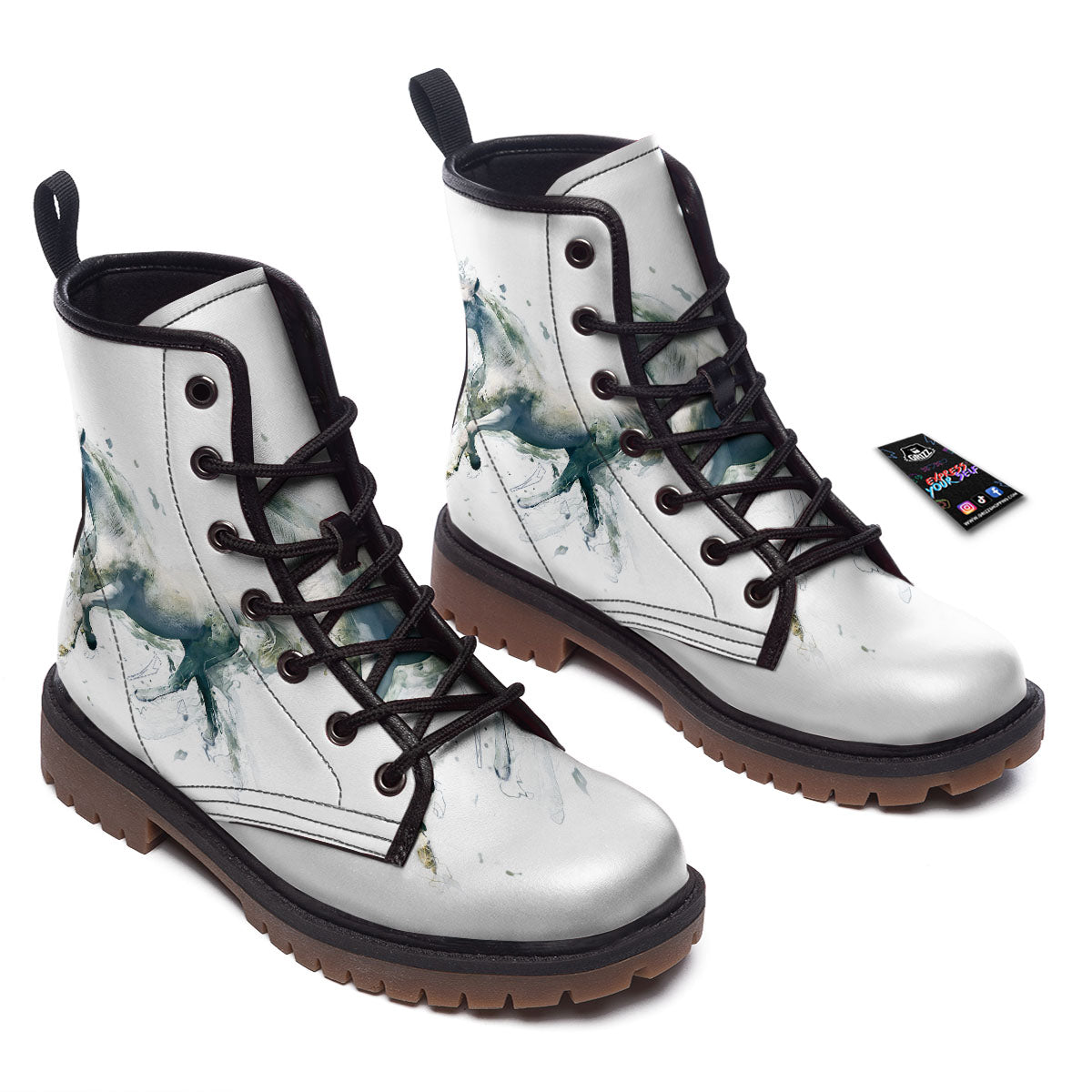 Portrait White Horse Print Work Boots-grizzshop