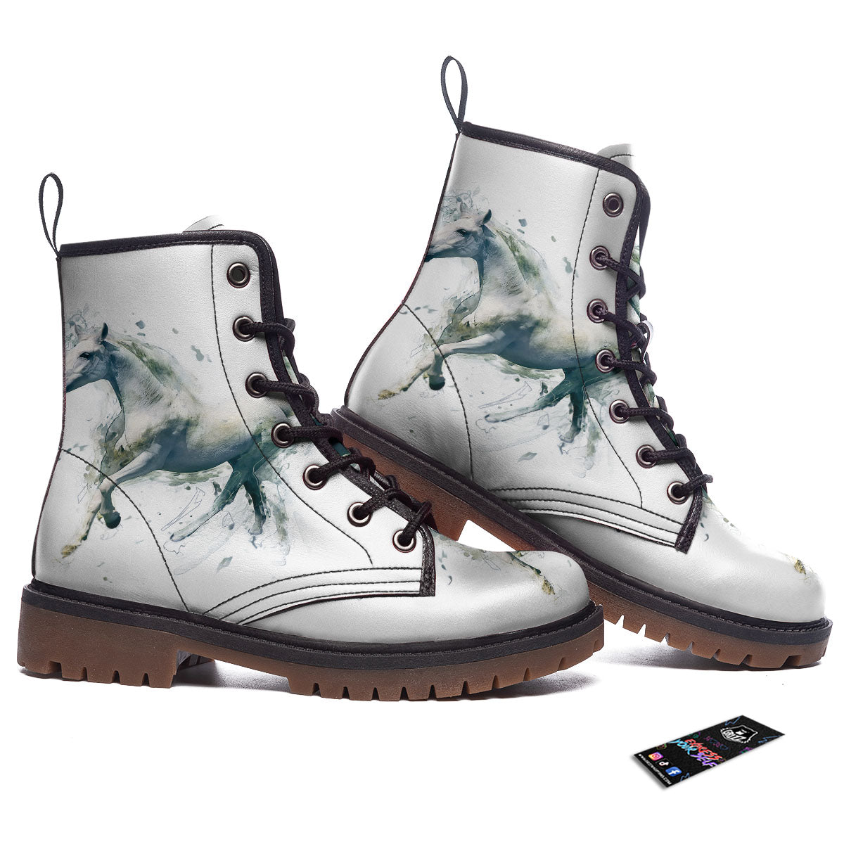 Portrait White Horse Print Work Boots-grizzshop