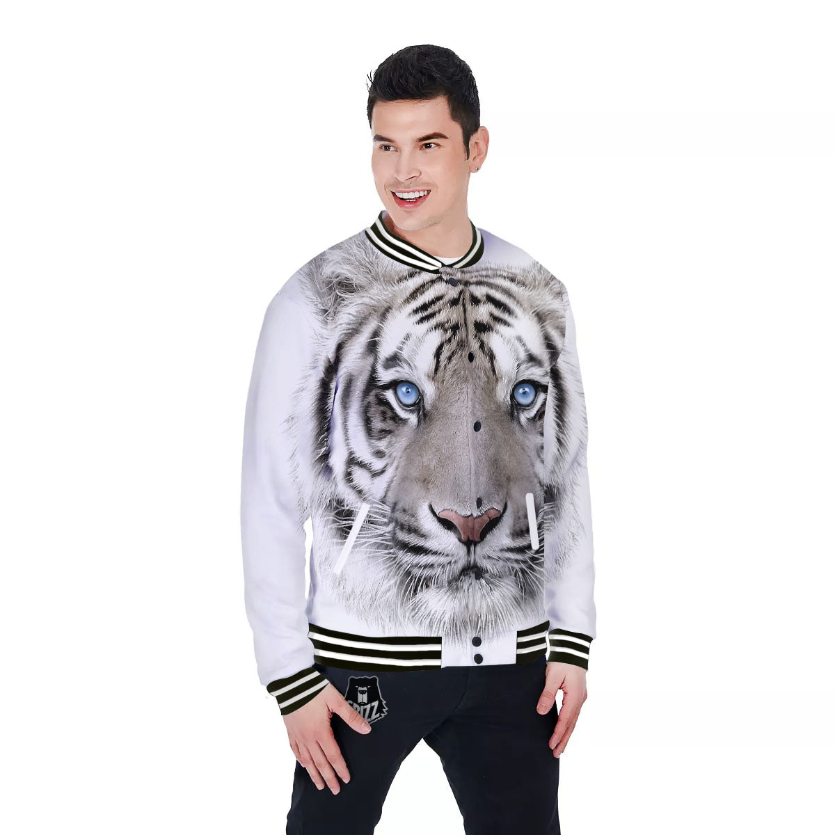Portrait White Tiger Print Baseball Jacket-grizzshop