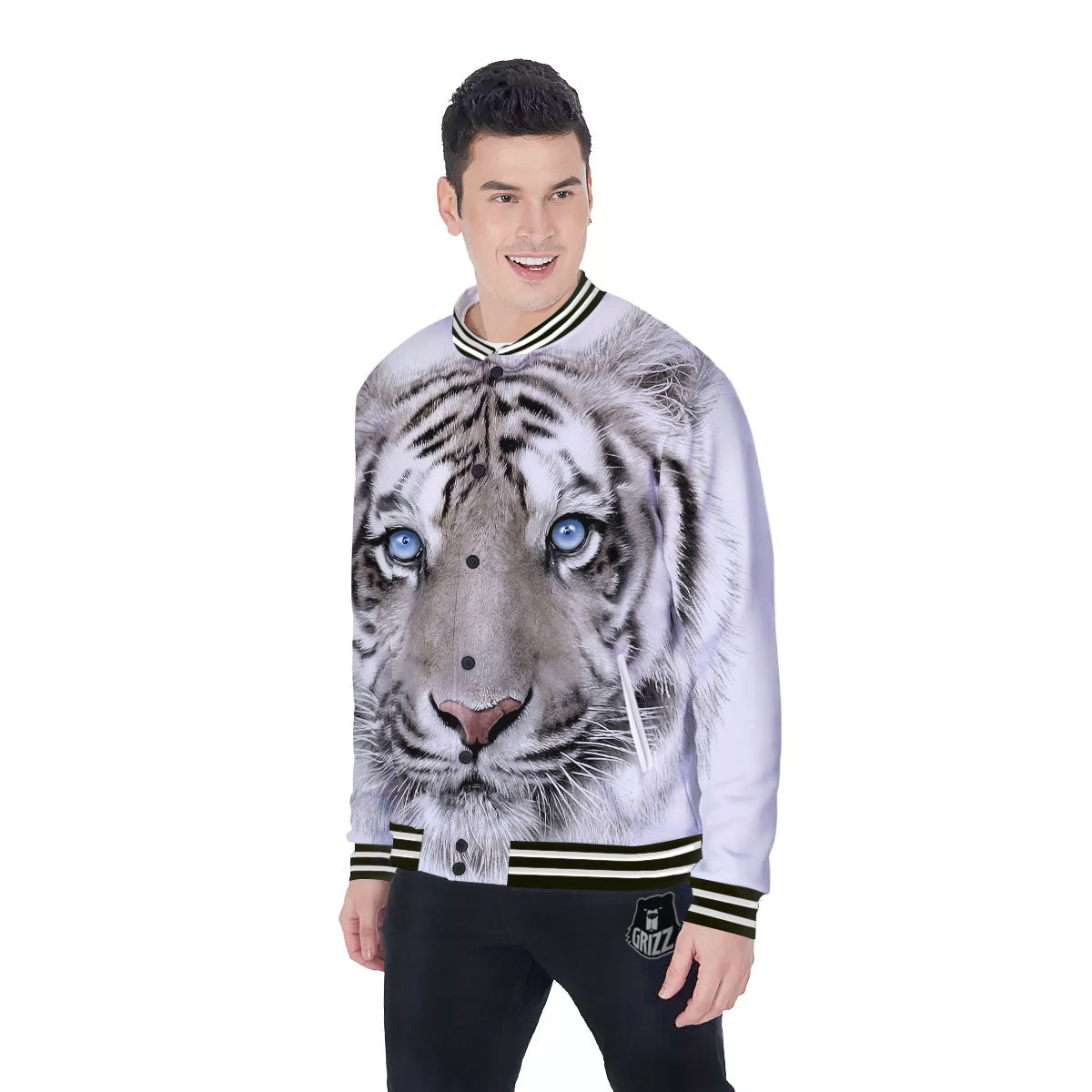 Portrait White Tiger Print Baseball Jacket-grizzshop