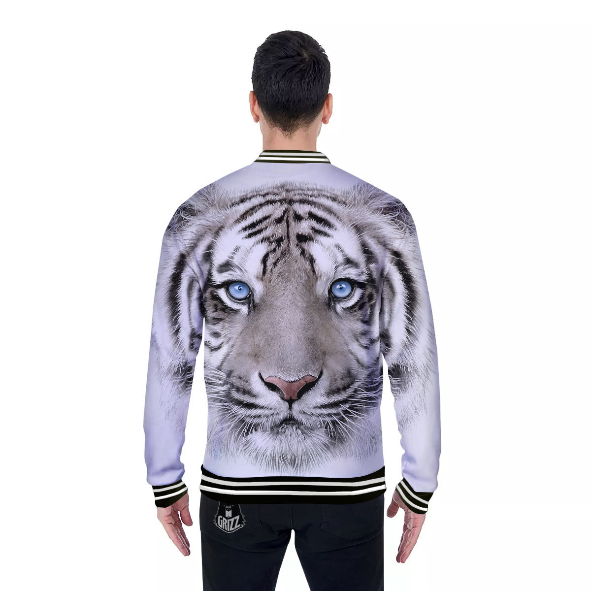 Portrait White Tiger Print Baseball Jacket-grizzshop