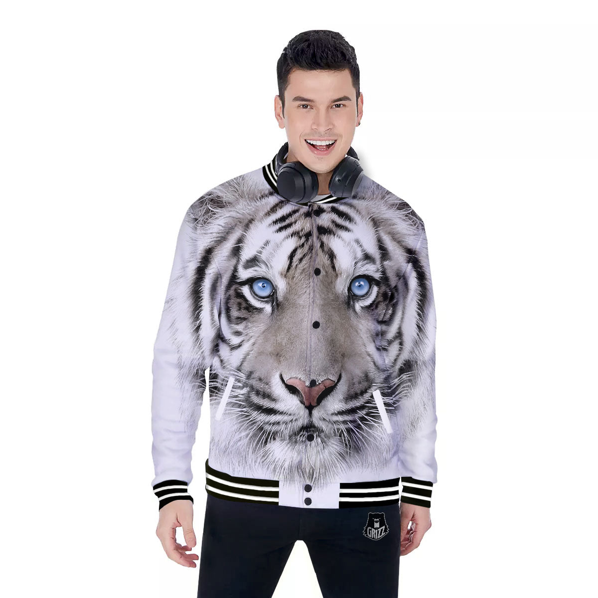 Portrait White Tiger Print Baseball Jacket-grizzshop