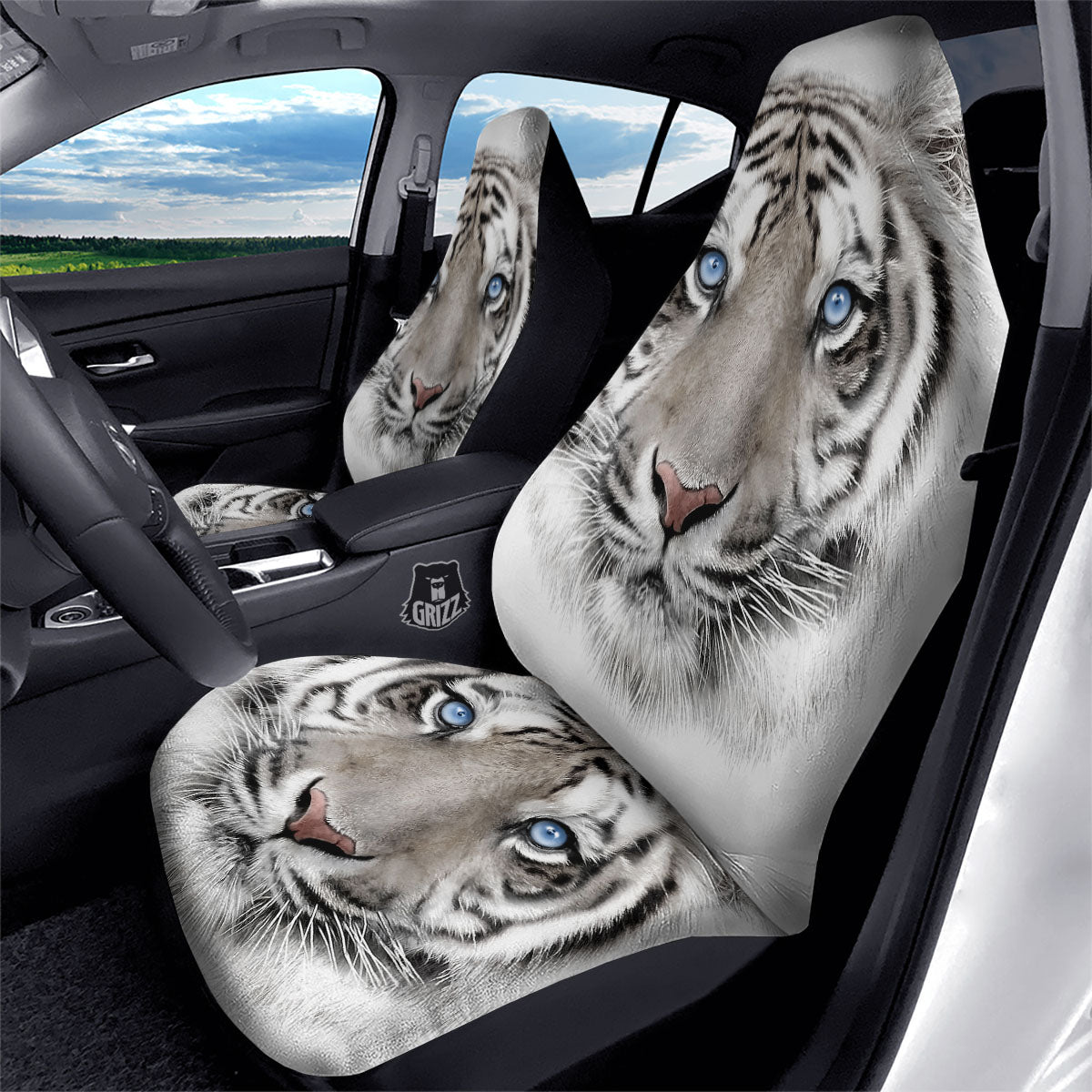 Portrait White Tiger Print Car Seat Covers-grizzshop