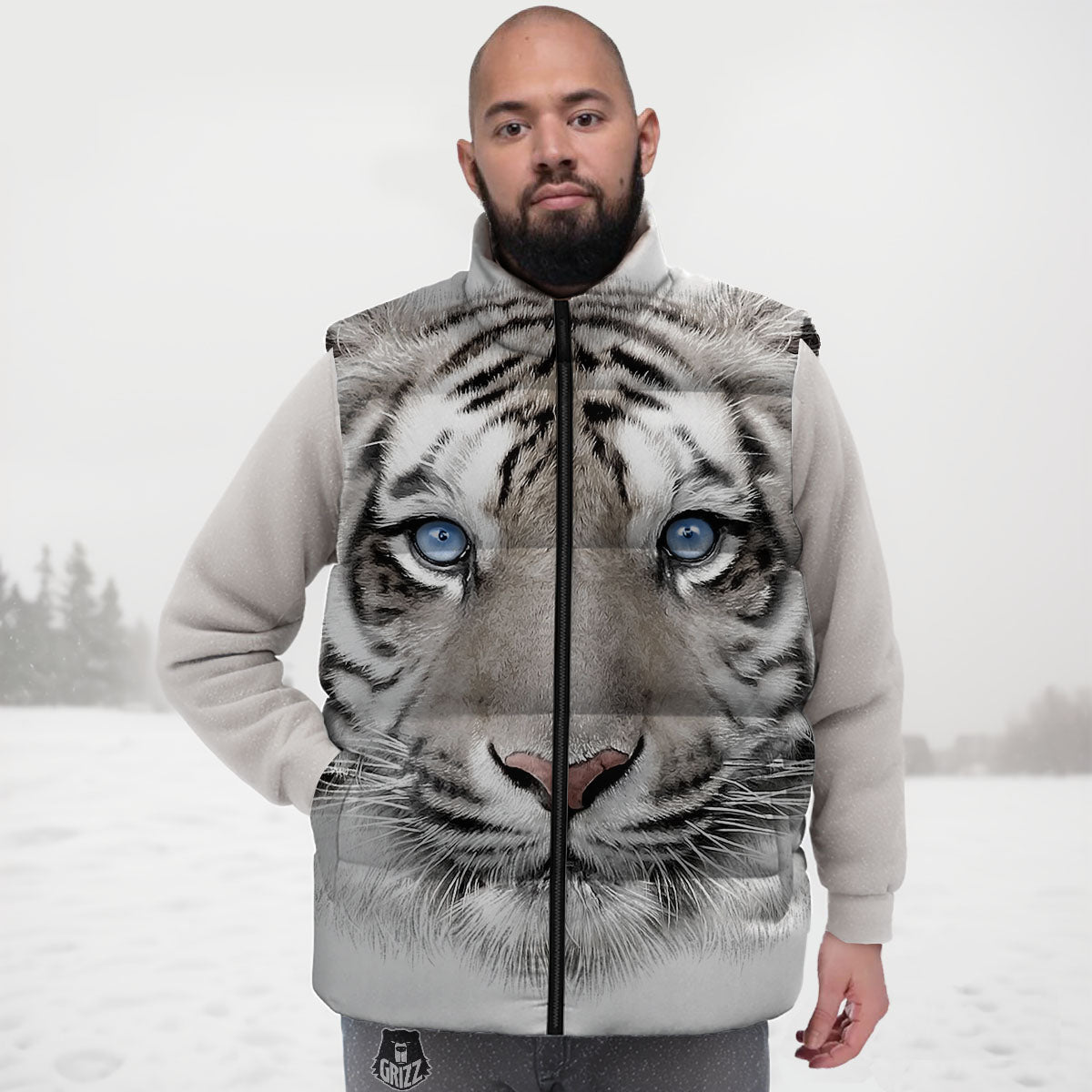 Portrait White Tiger Print Down Vest