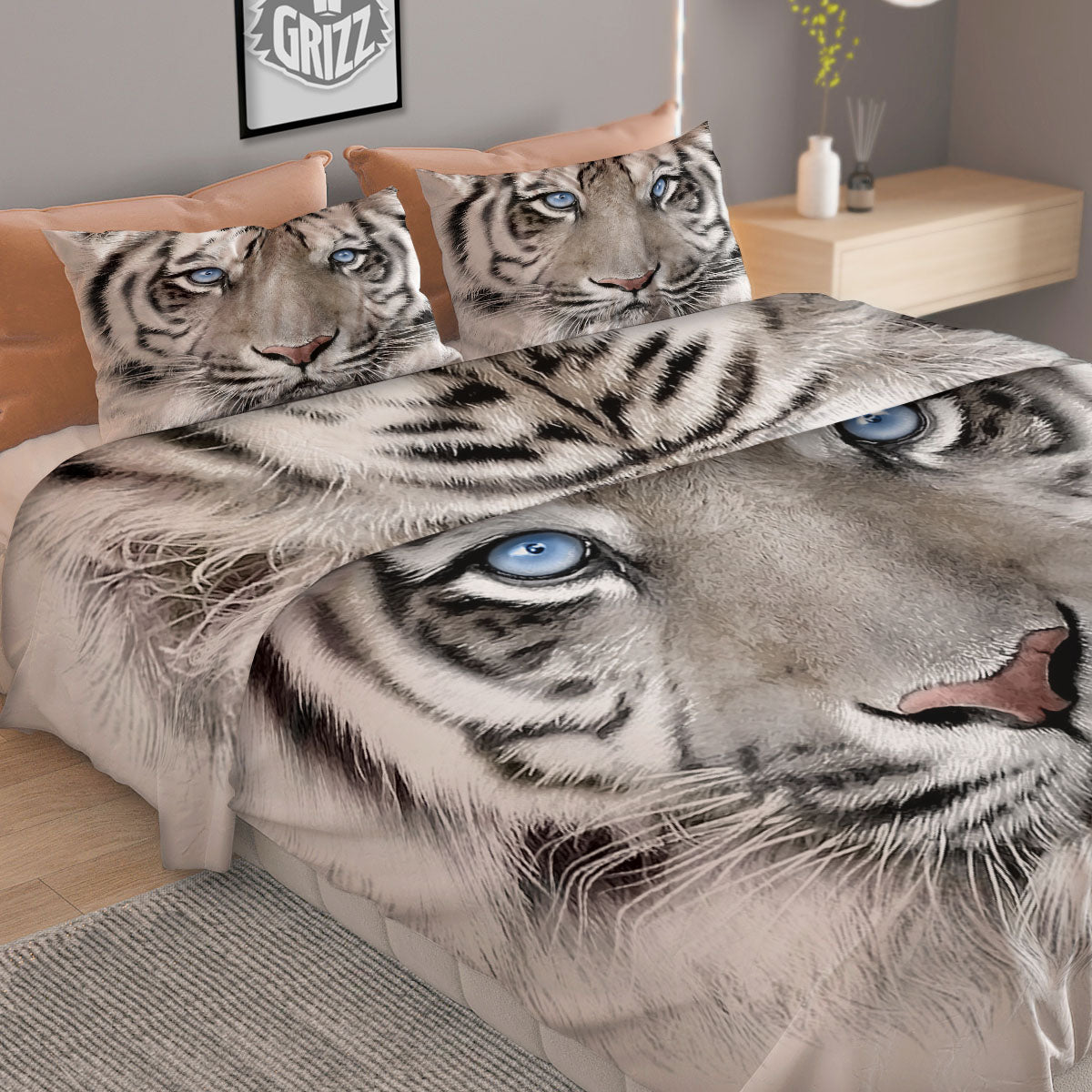 Portrait White Tiger Print Duvet Cover Bedding Set