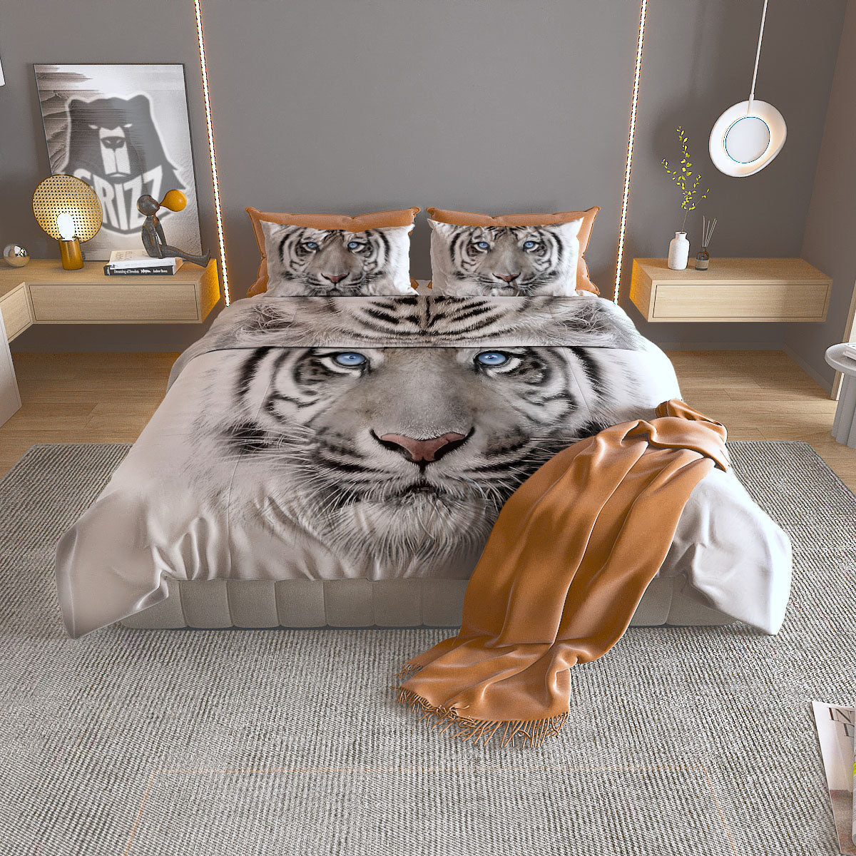 Portrait White Tiger Print Duvet Cover Bedding Set