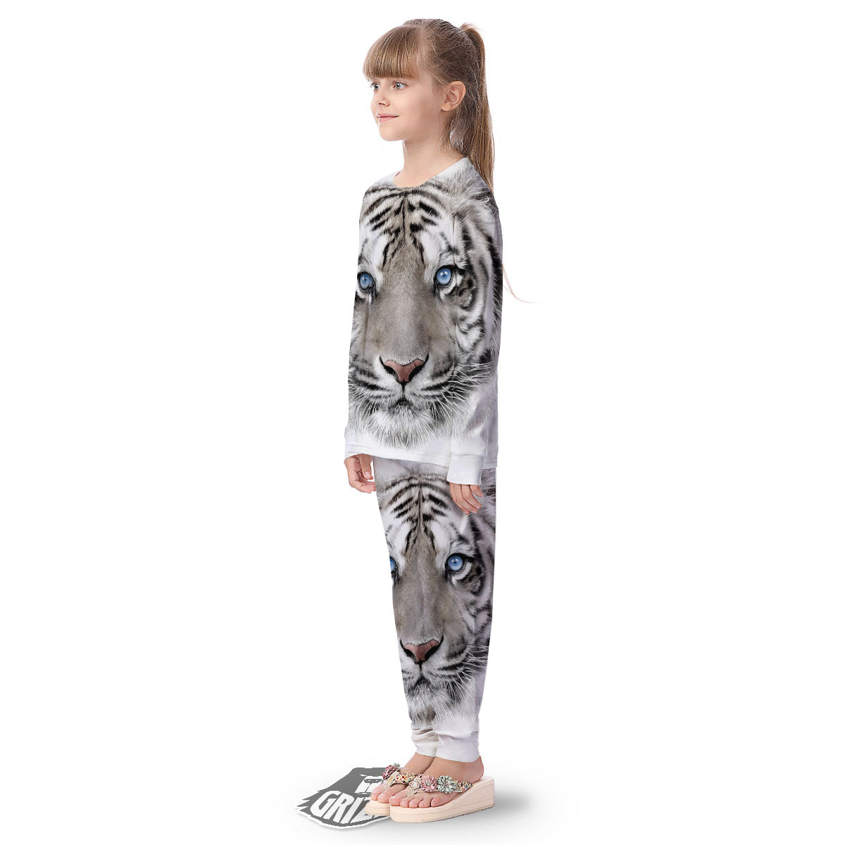 Portrait White Tiger Print Kid's Pajamas-grizzshop