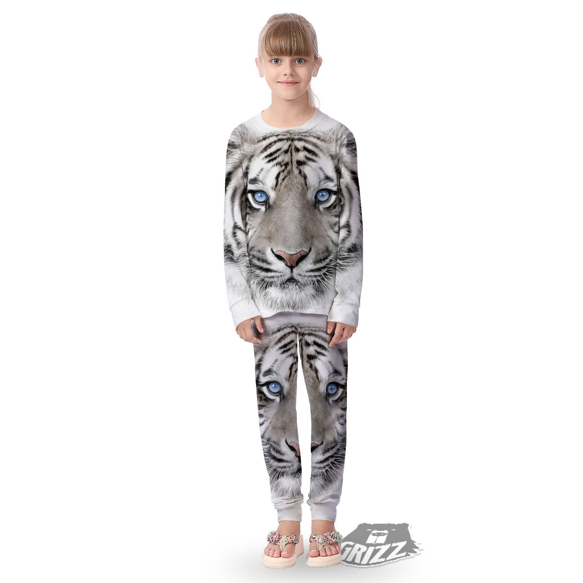 Portrait White Tiger Print Kid's Pajamas-grizzshop
