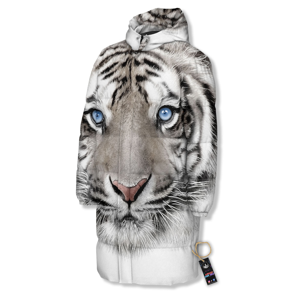 Portrait White Tiger Print Long Down Jacket-grizzshop