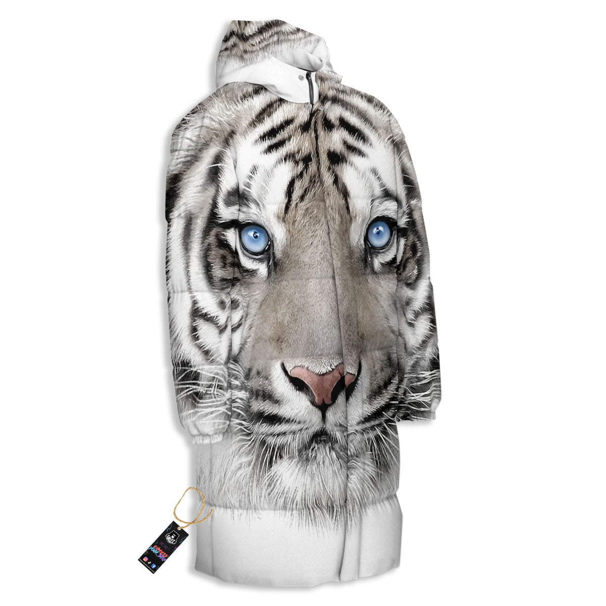 Portrait White Tiger Print Long Down Jacket-grizzshop
