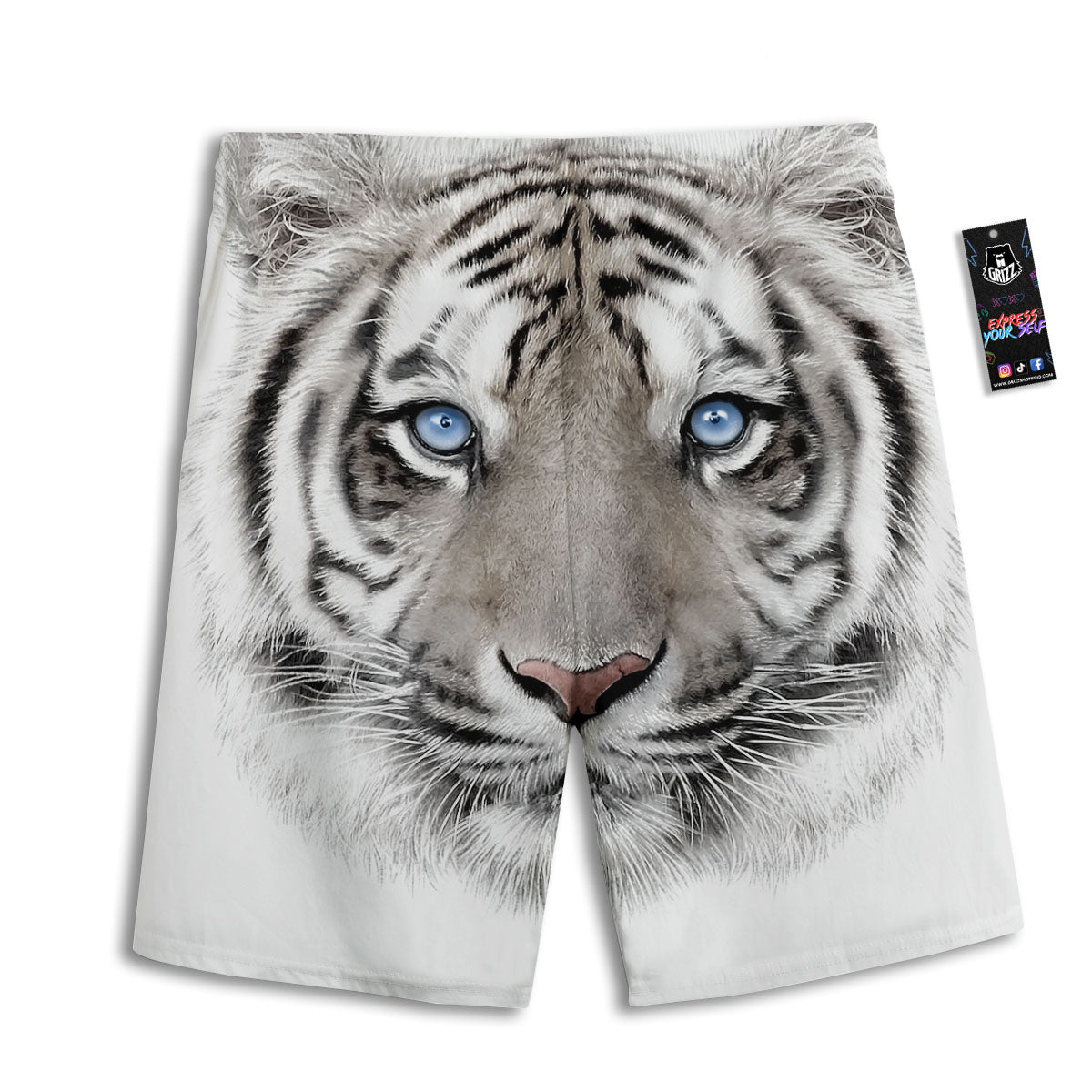 Portrait White Tiger Print Men's Athletic Shorts