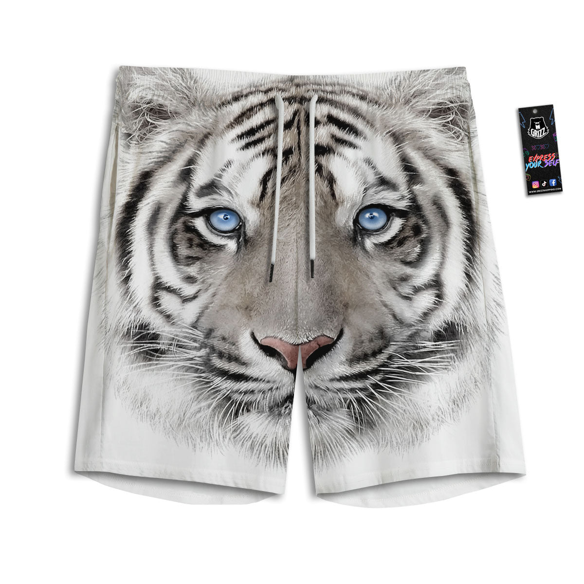 Portrait White Tiger Print Men's Athletic Shorts