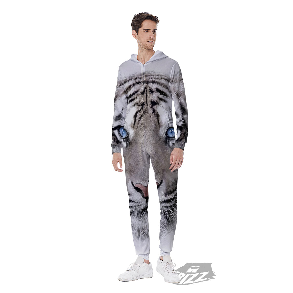 Portrait White Tiger Print Men's Jumpsuit-grizzshop