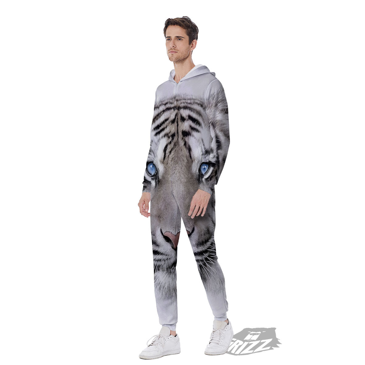 Portrait White Tiger Print Men's Jumpsuit-grizzshop