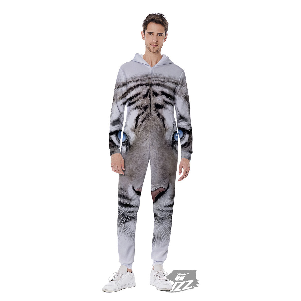 Portrait White Tiger Print Men's Jumpsuit-grizzshop