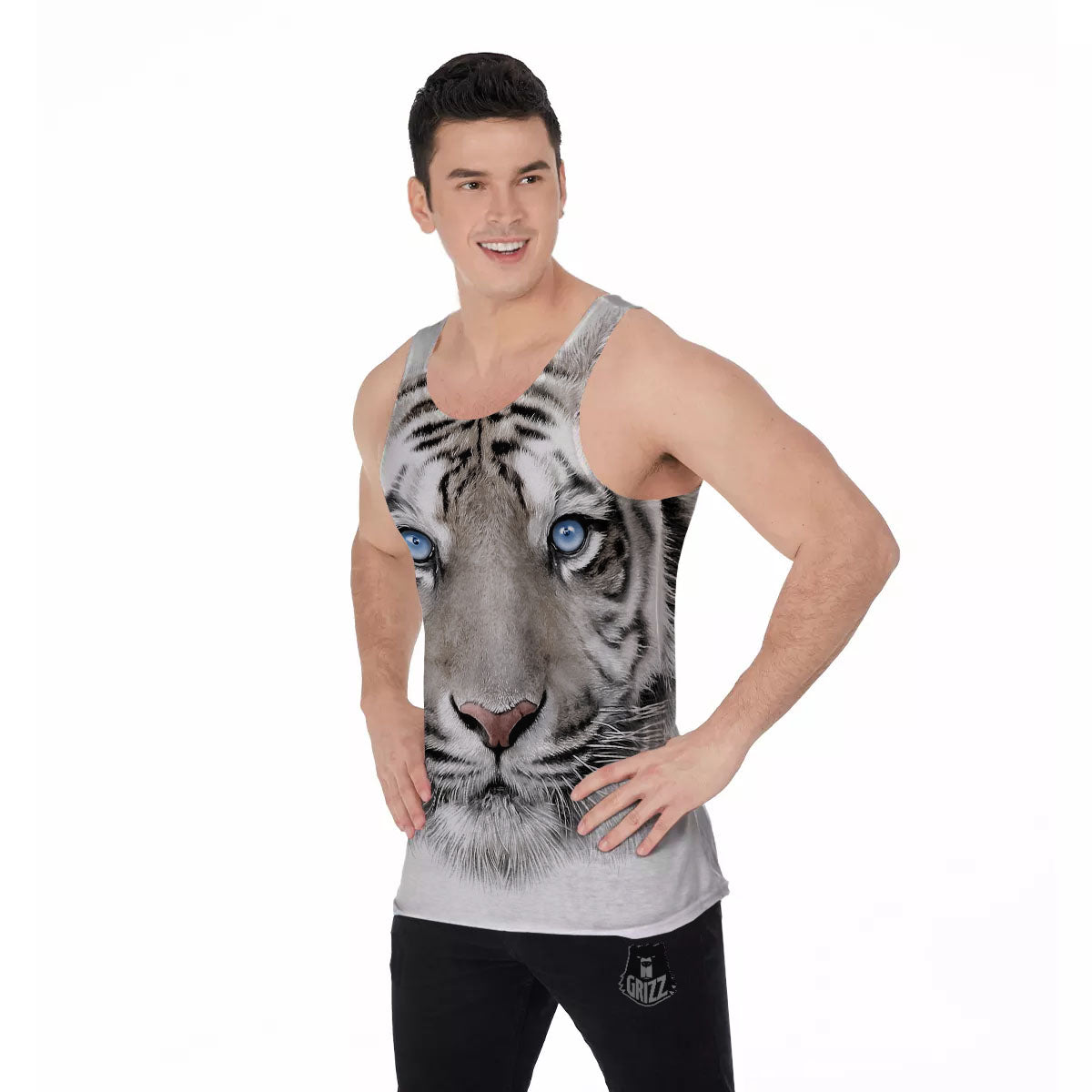 Portrait White Tiger Print Men's Tank Top-grizzshop