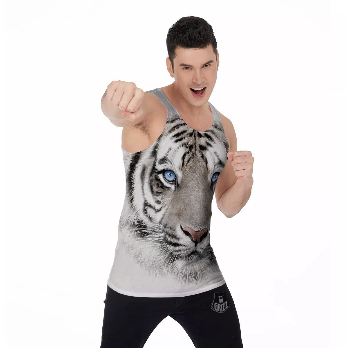 Portrait White Tiger Print Men's Tank Top-grizzshop