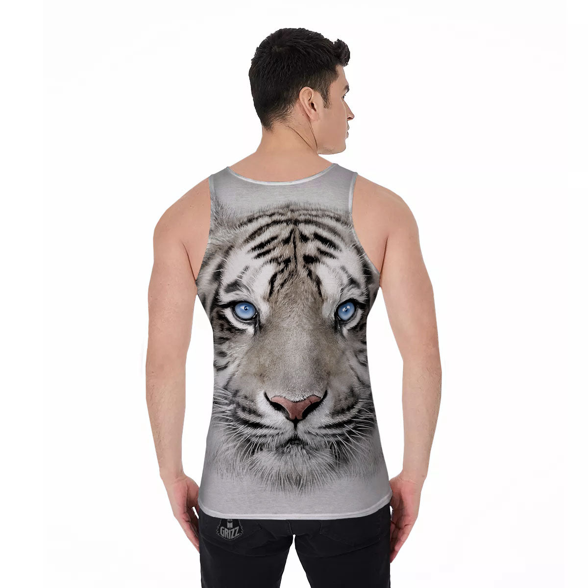 Portrait White Tiger Print Men's Tank Top-grizzshop