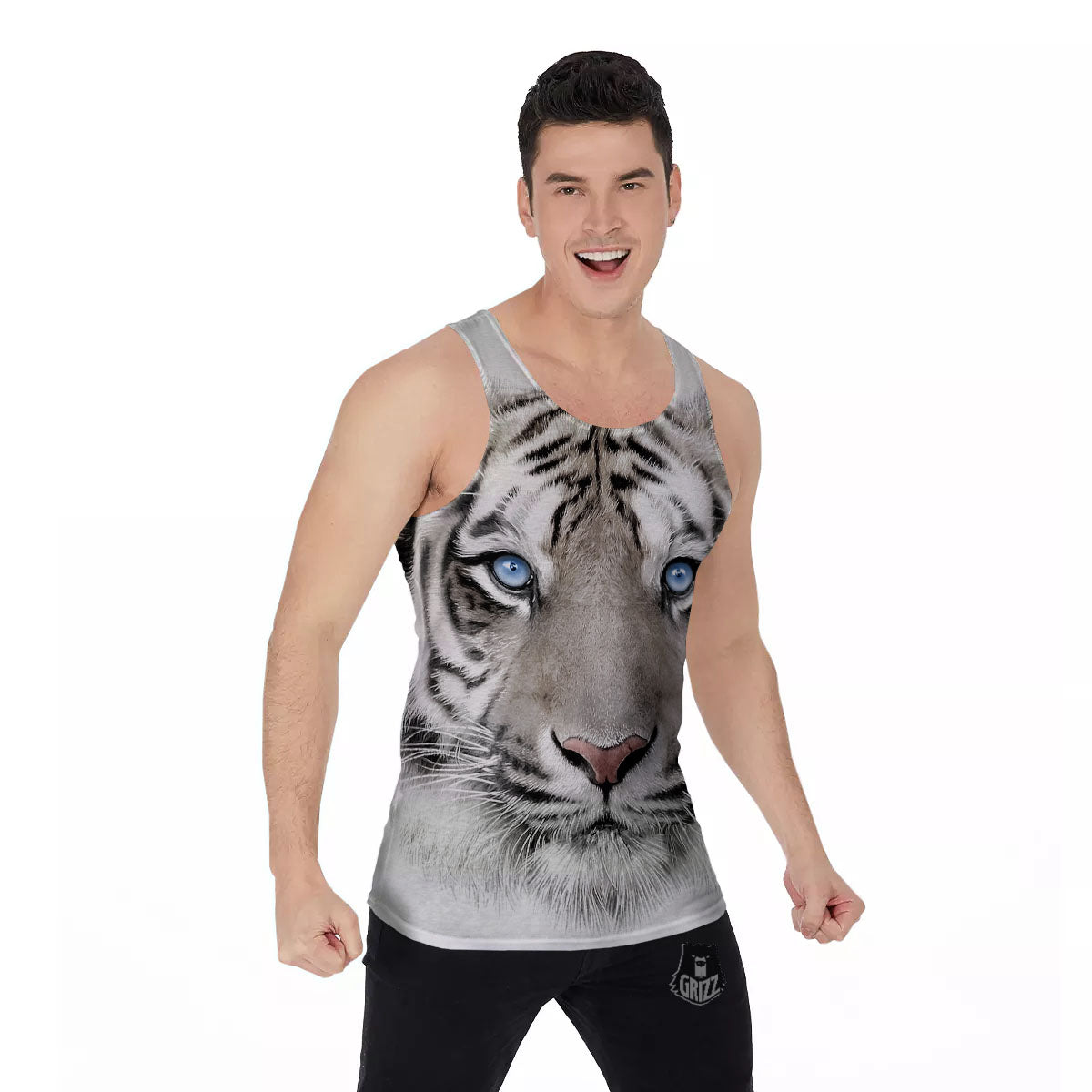 Portrait White Tiger Print Men's Tank Top-grizzshop