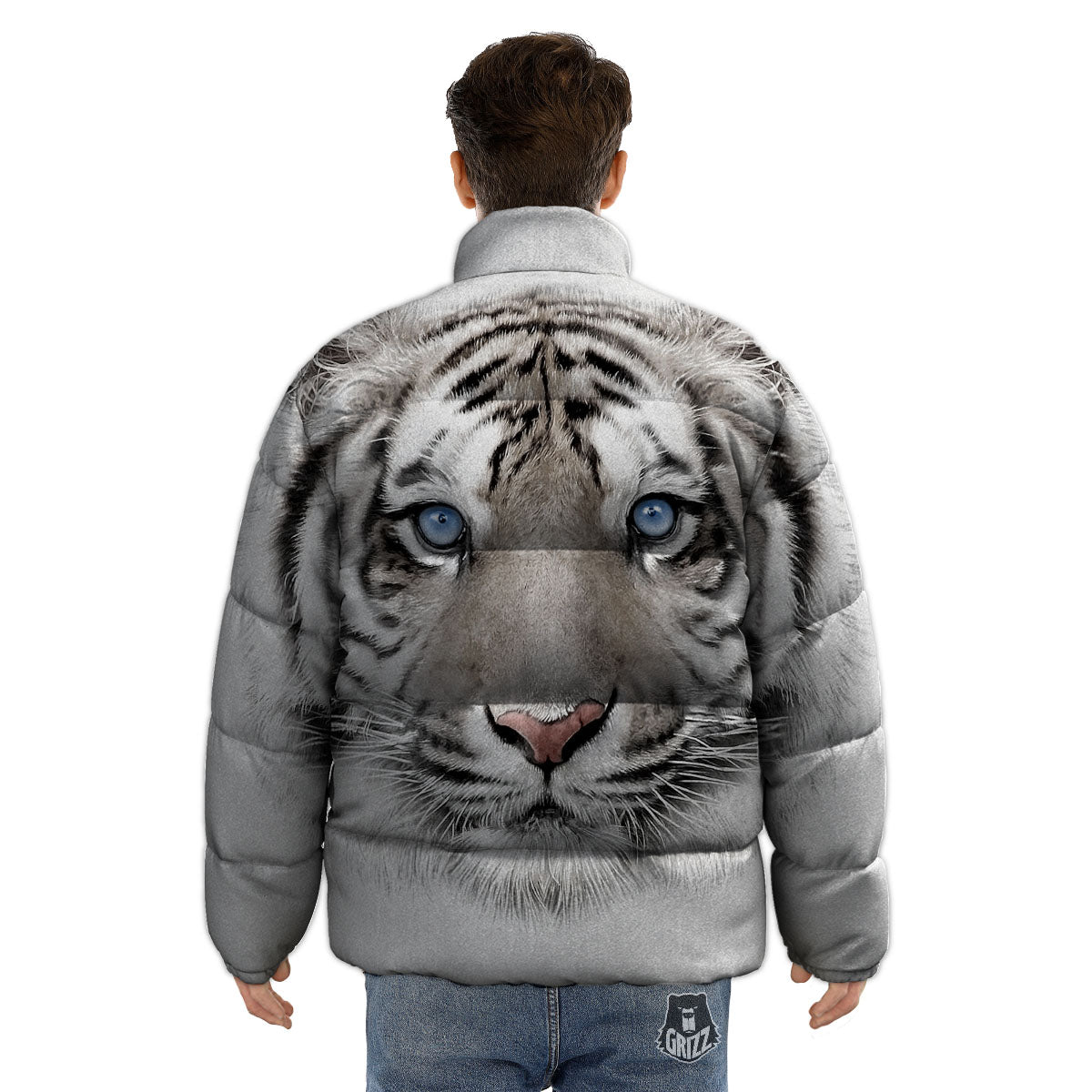Portrait White Tiger Print Puffer Jacket-grizzshop