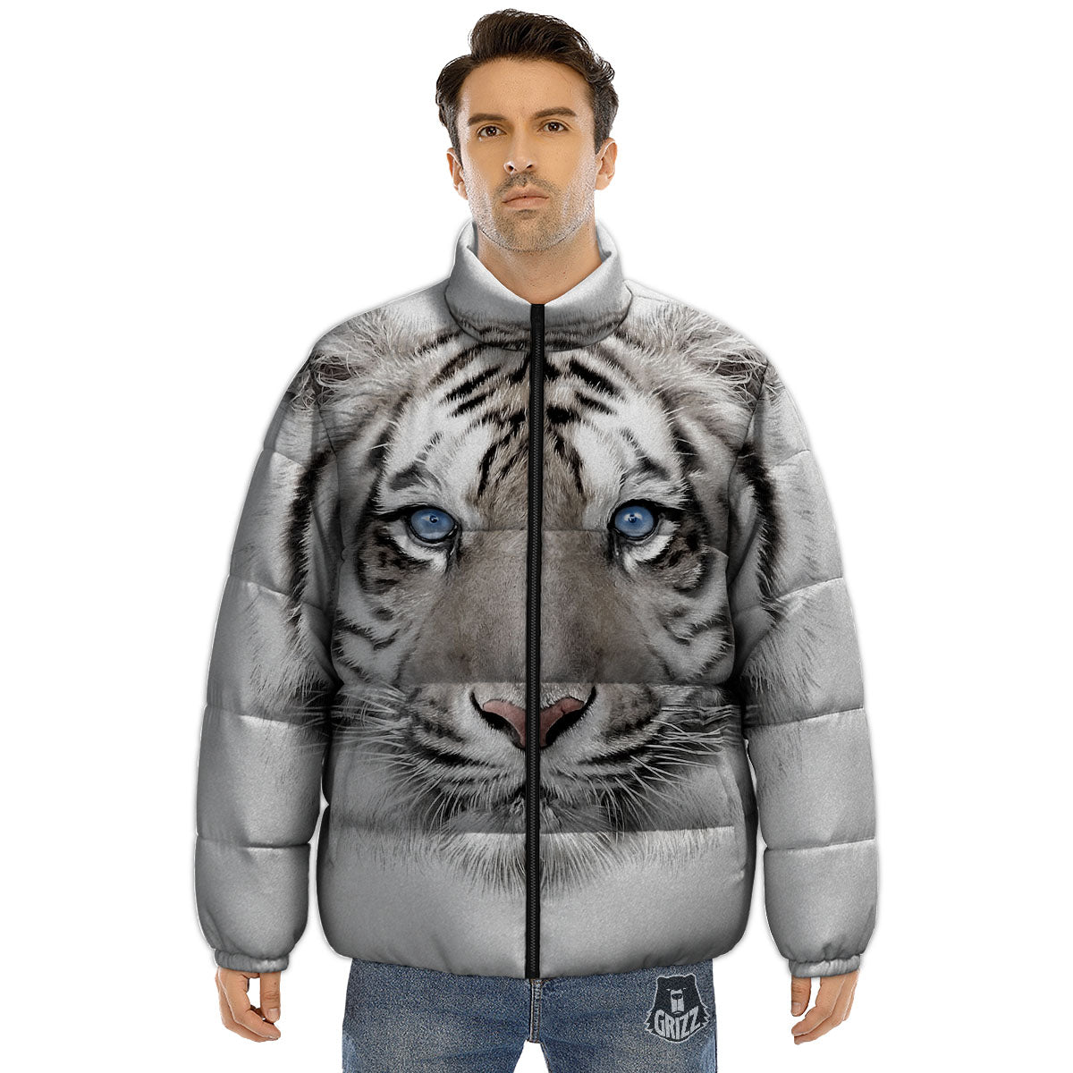 Portrait White Tiger Print Puffer Jacket-grizzshop