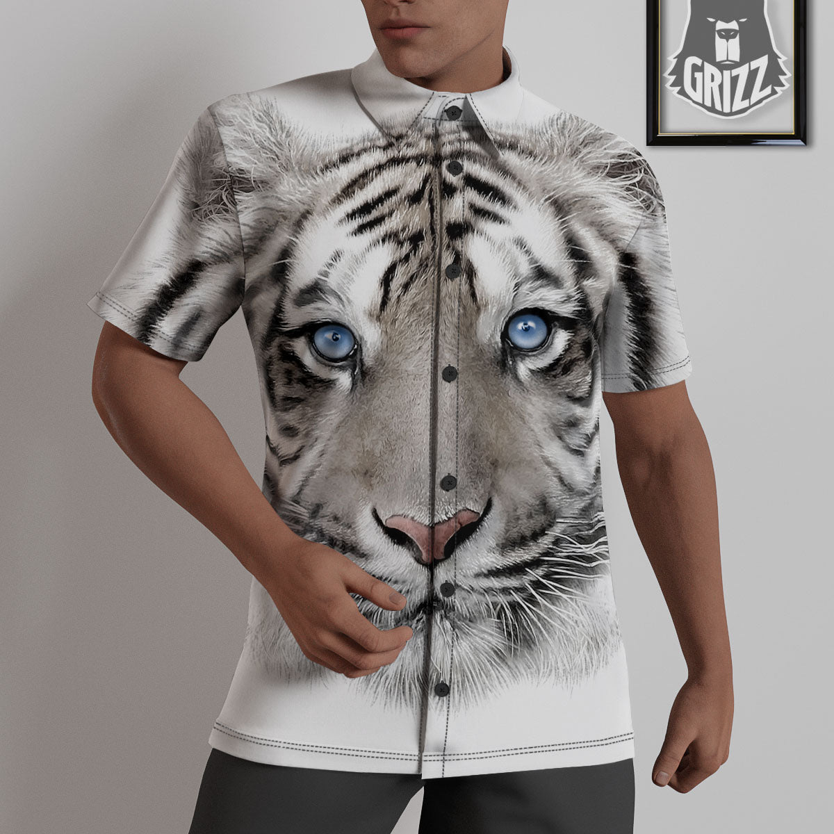 Portrait White Tiger Print Untucked Shirts-grizzshop