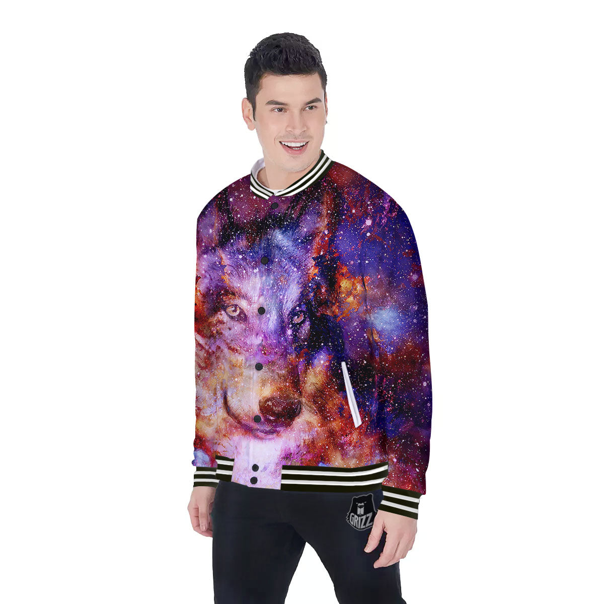 Portrait Wolf Galaxy Print Baseball Jacket-grizzshop