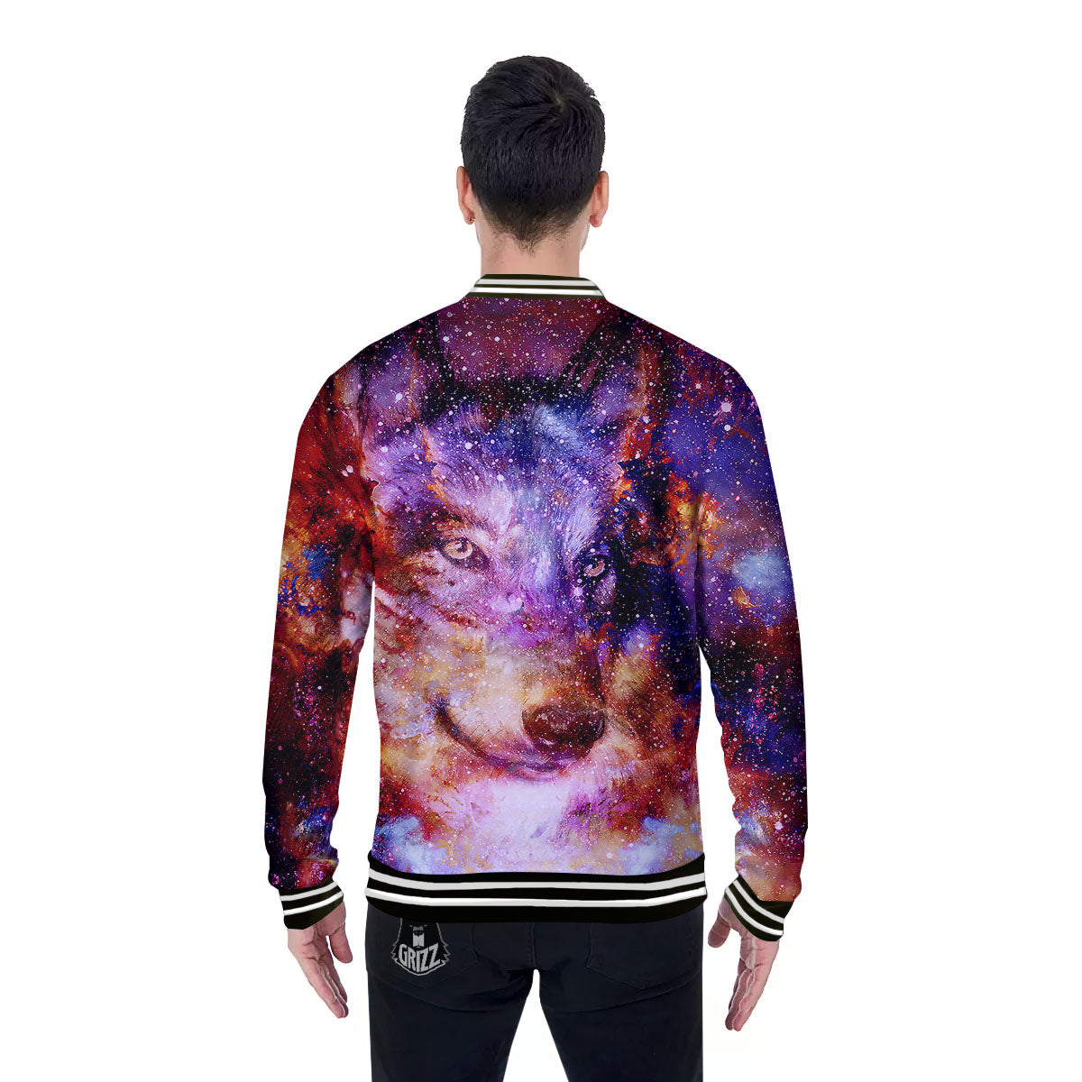 Portrait Wolf Galaxy Print Baseball Jacket-grizzshop