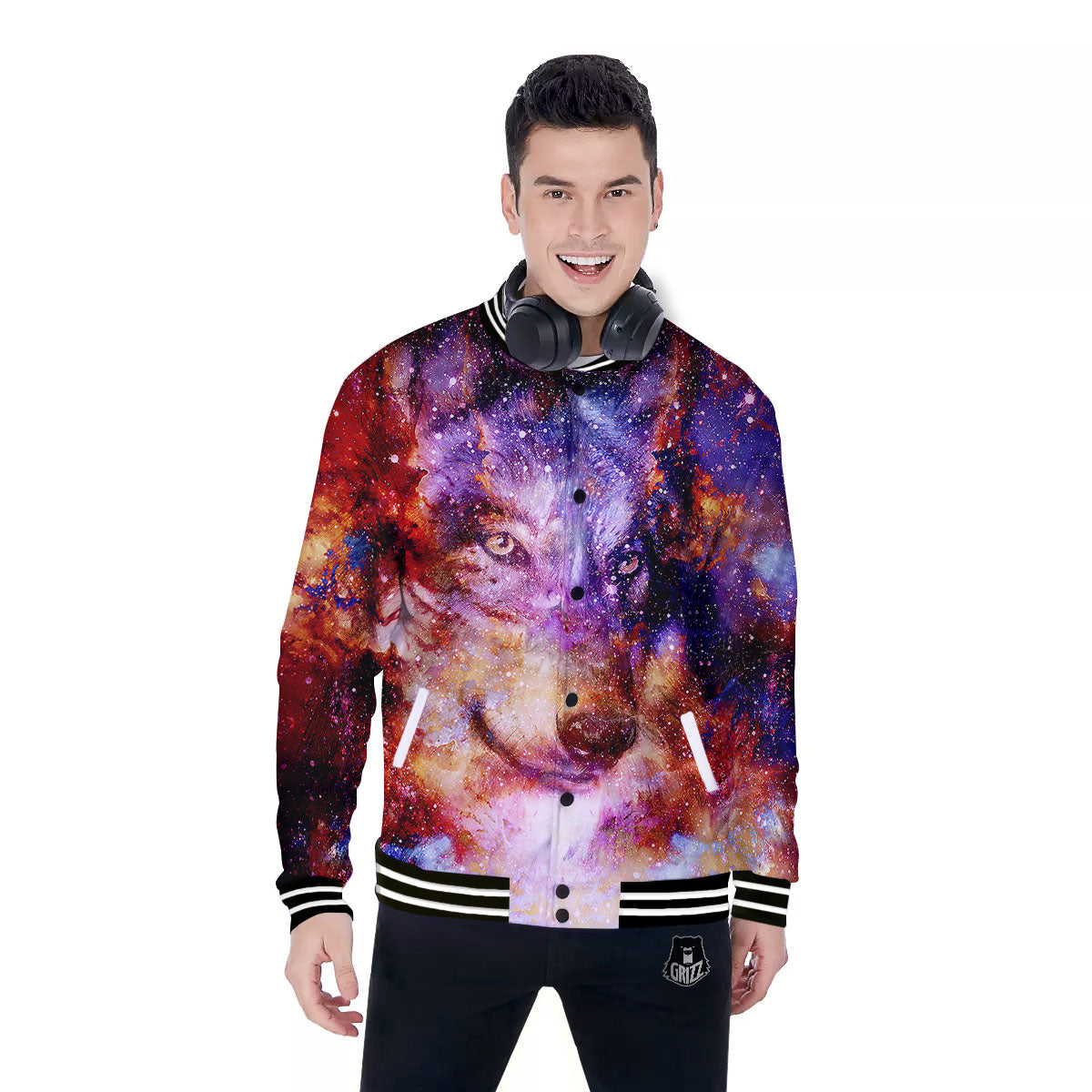 Portrait Wolf Galaxy Print Baseball Jacket-grizzshop