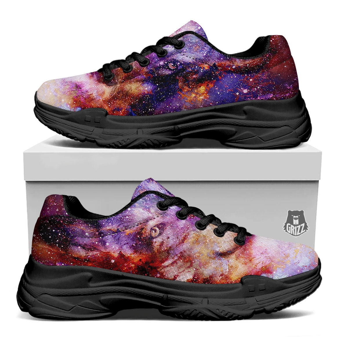 Portrait Wolf Galaxy Print Black Chunky Shoes-grizzshop