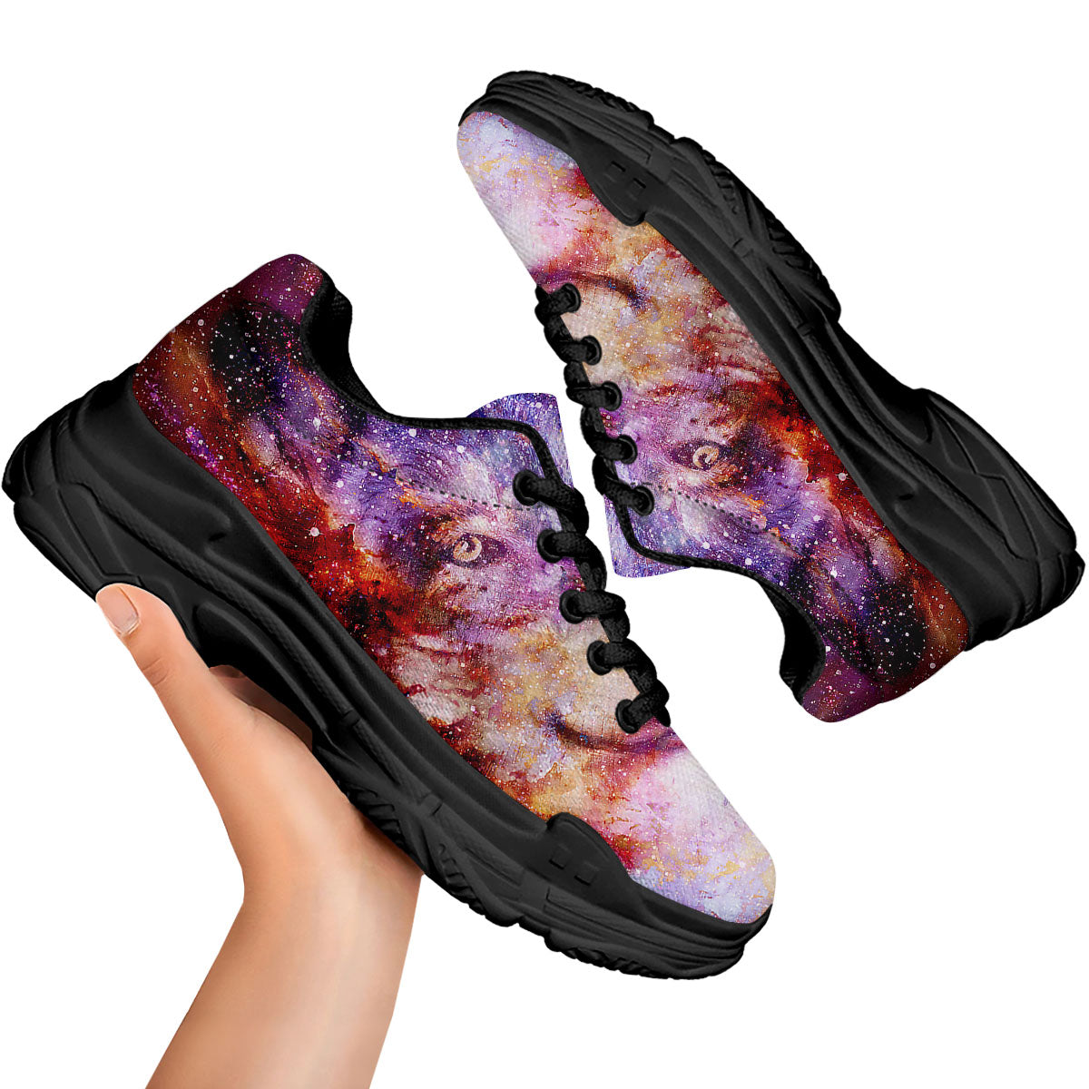 Portrait Wolf Galaxy Print Black Chunky Shoes-grizzshop