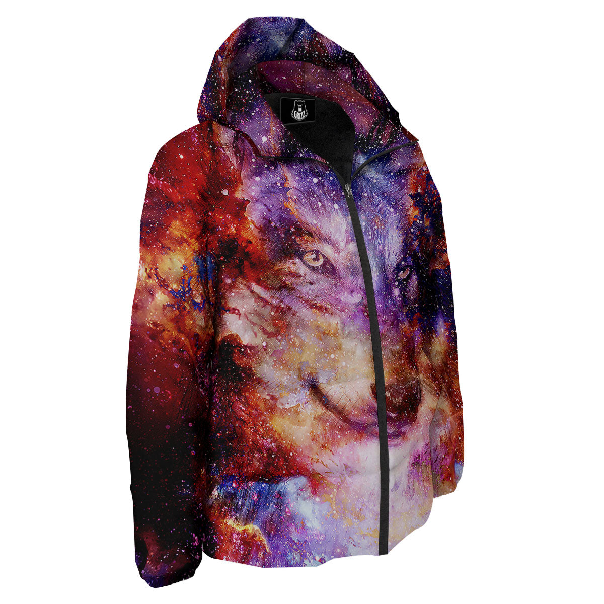Portrait Wolf Galaxy Print Down Jacket-grizzshop