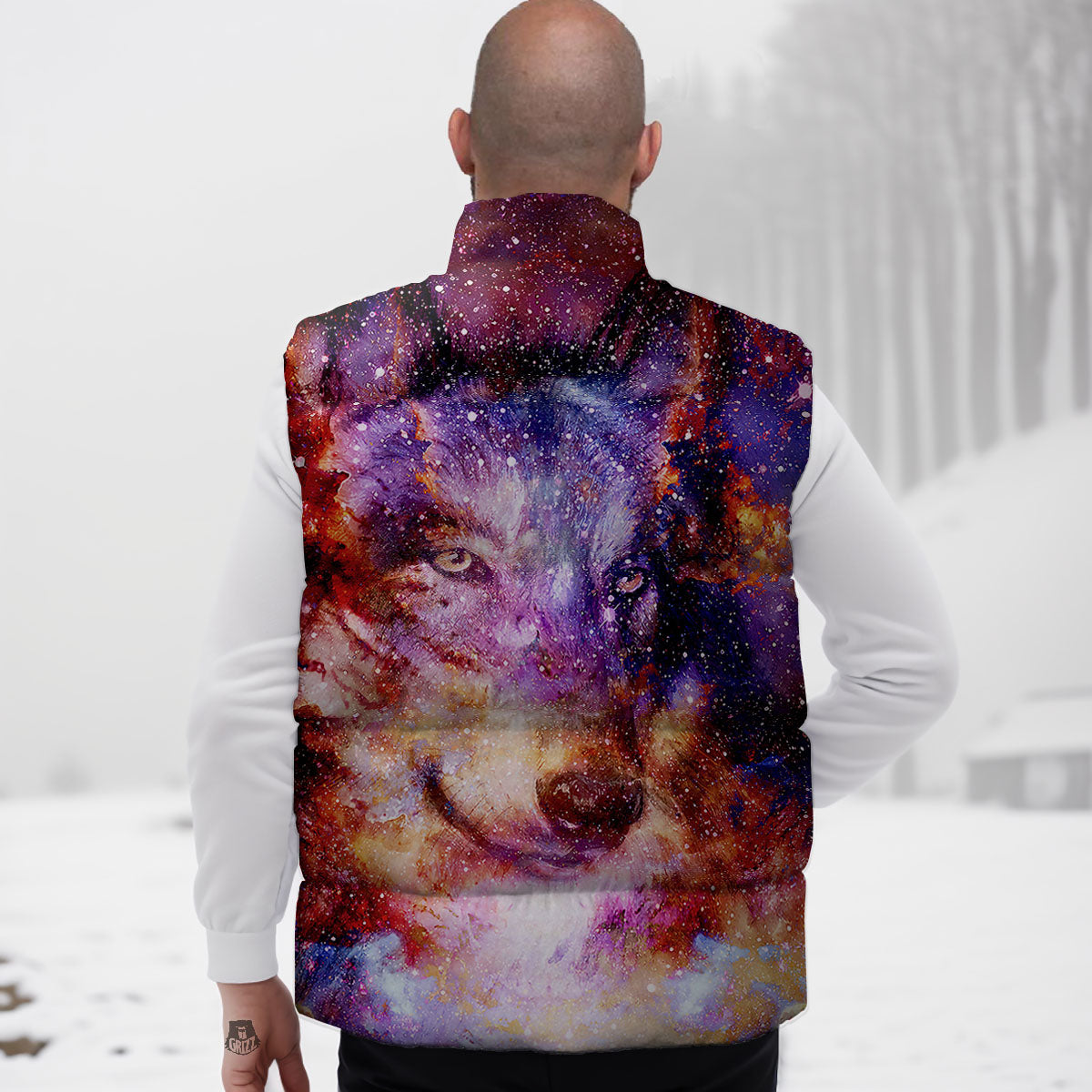 Portrait Wolf Galaxy Print Down Vest