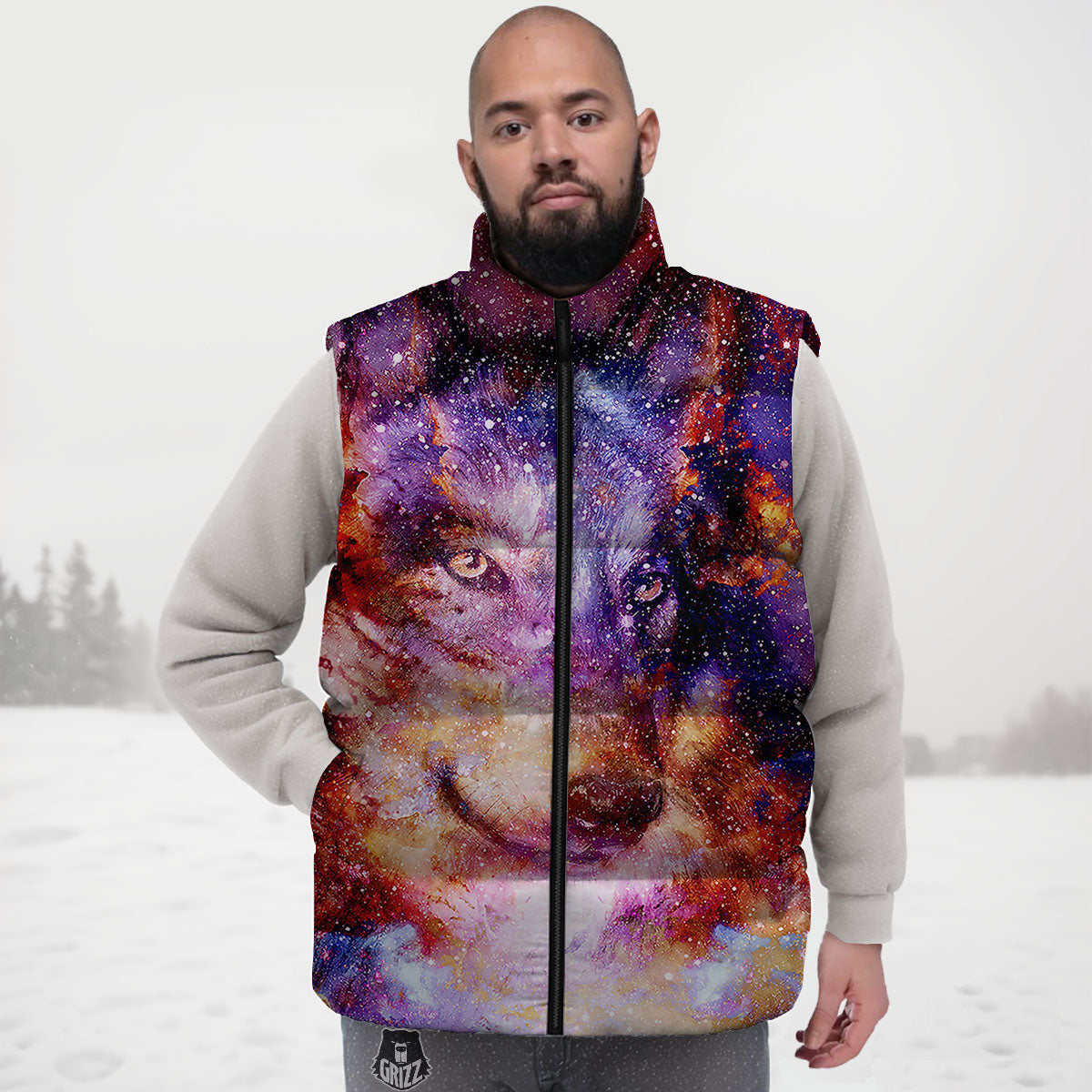 Portrait Wolf Galaxy Print Down Vest