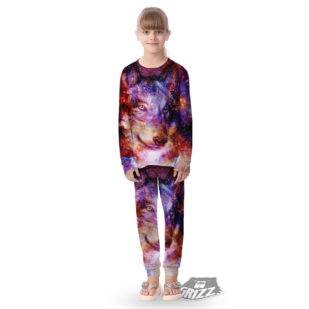 Portrait Wolf Galaxy Print Kid's Pajamas-grizzshop