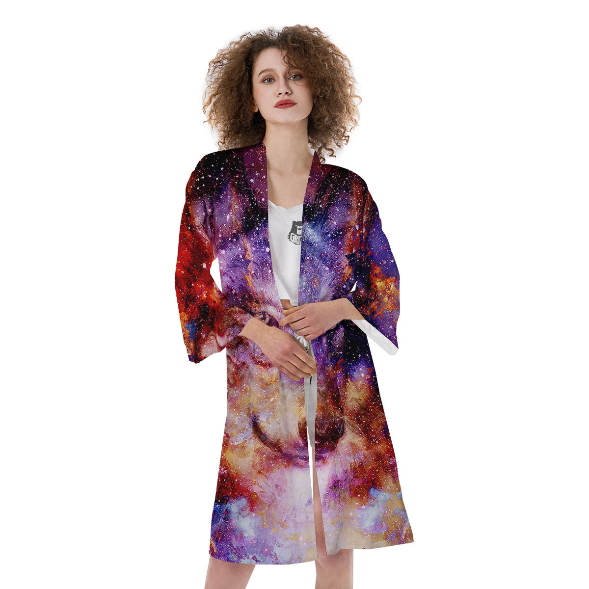 Portrait Wolf Galaxy Print Kimono-grizzshop