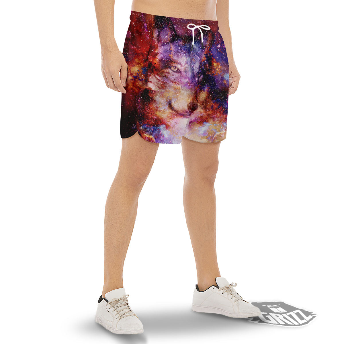 Portrait Wolf Galaxy Print Men's Gym Shorts-grizzshop