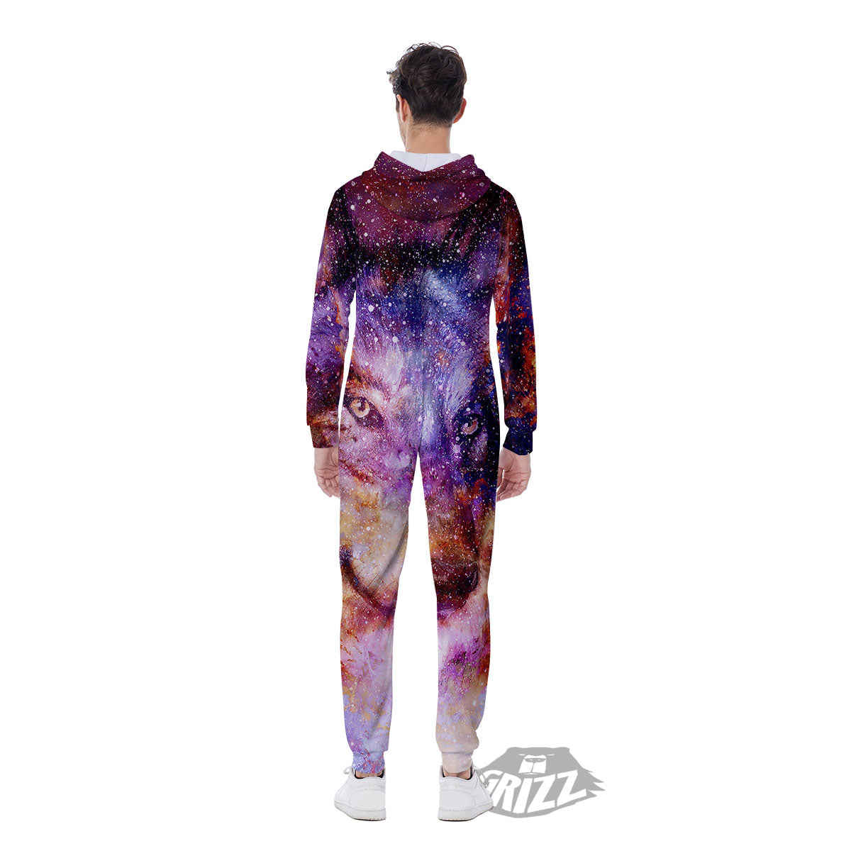 Portrait Wolf Galaxy Print Men's Jumpsuit-grizzshop