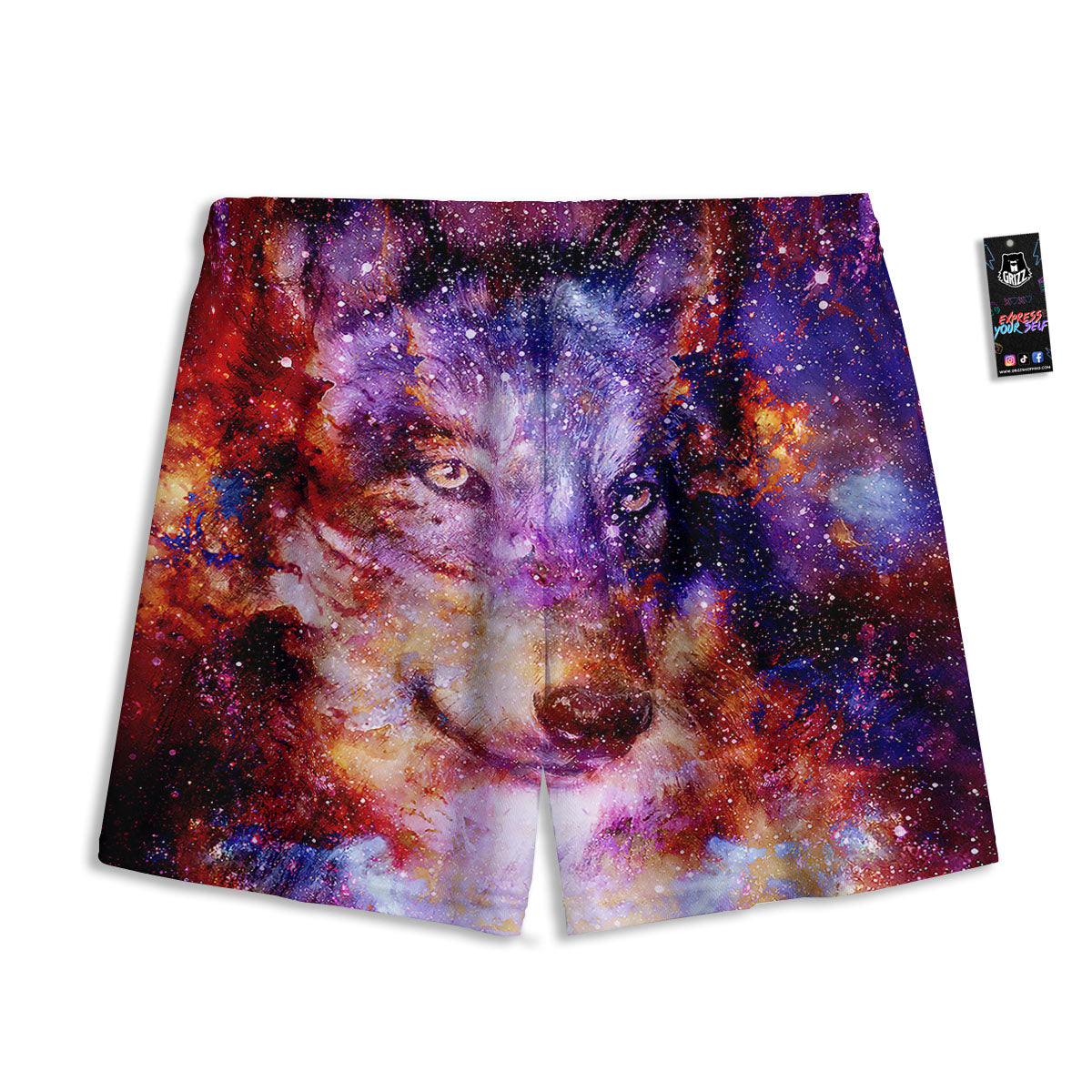 Portrait Wolf Galaxy Print Mesh Shorts