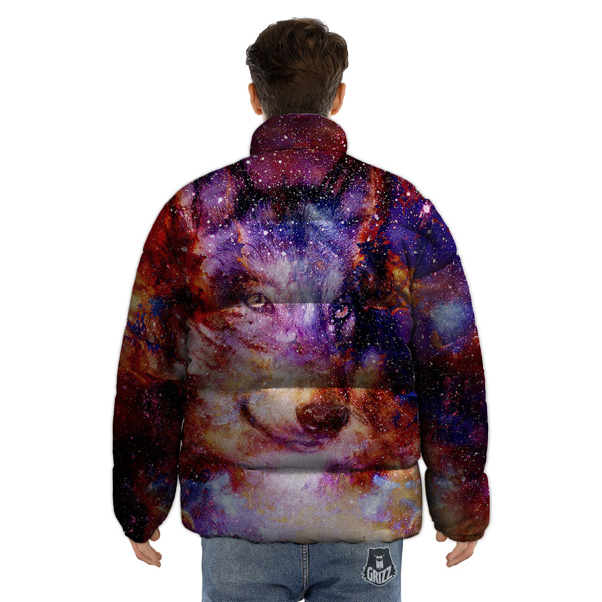 Portrait Wolf Galaxy Print Puffer Jacket-grizzshop