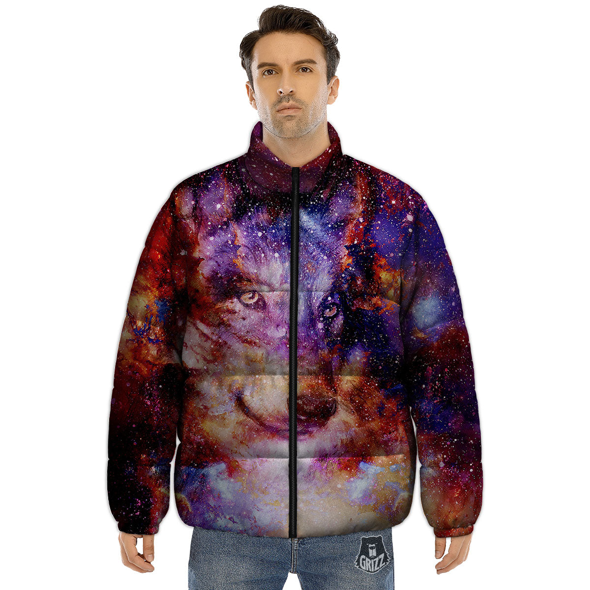 Portrait Wolf Galaxy Print Puffer Jacket-grizzshop